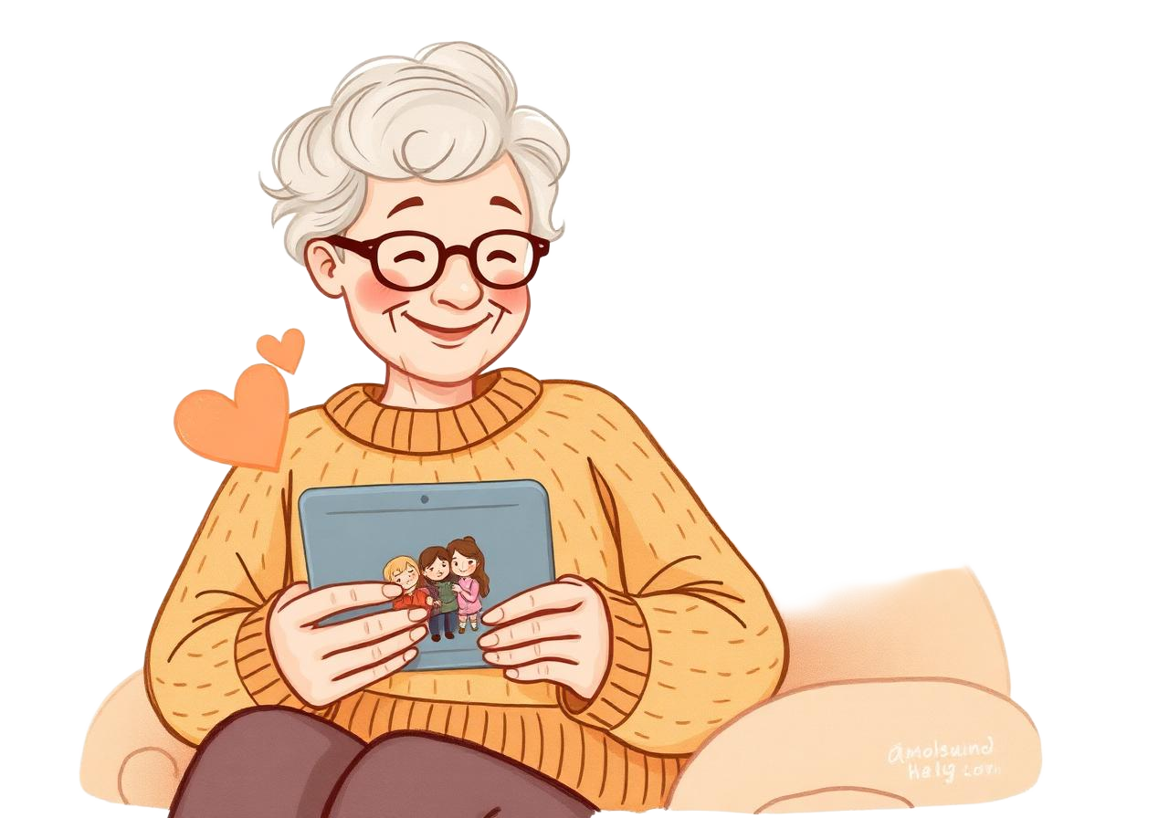 Warme illustratie van een glimlachende oudere dame met bril, die op haar apparaat een foto van haar kleinkinderen bekijkt, met een zacht hartje ernaast