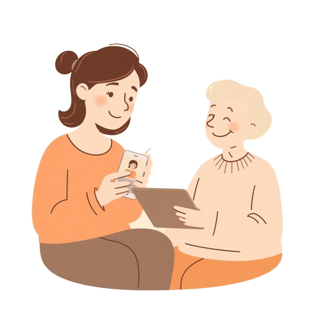 Illustratie: iemand verstuurt met aandacht een foto en een dierbare ontvangt hem glimlachend op een apparaat