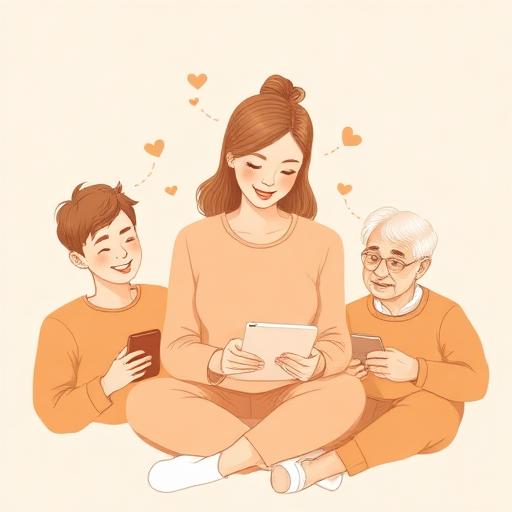 Illustratie: één familielid dat iets instelt, omringd door familieleden die blij meedoen op hun eigen telefoon