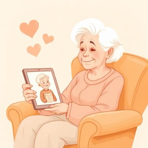 Illustratie: oudere dame die glimlacht omdat er een foto van een kleinkind op haar apparaat verschijnt