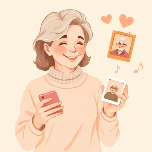 Illustratie: iemand die met zorg een foto of geluidje uitkiest voor een dierbare