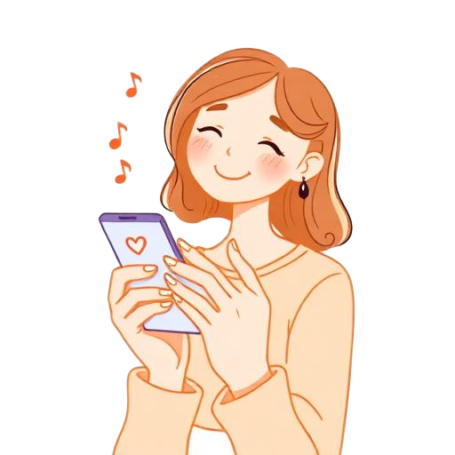 Illustratie: glimlachende vrouw die met haar telefoon een liefdevol berichtje stuurt