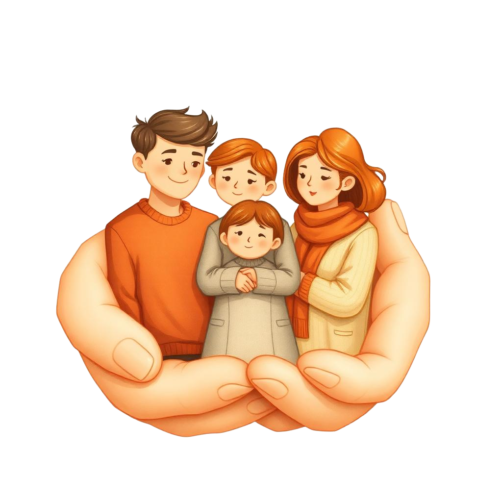 Illustratie: familiekring van jong en oud, zacht omsloten door twee grote beschermende handen