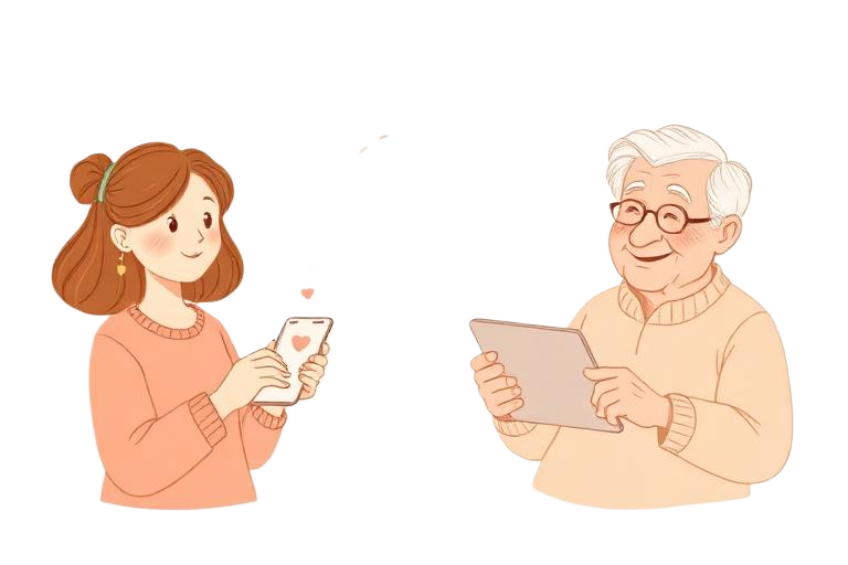 Illustratie: dochter en oudere vader die via telefoon en apparaat met een hartje verbonden zijn