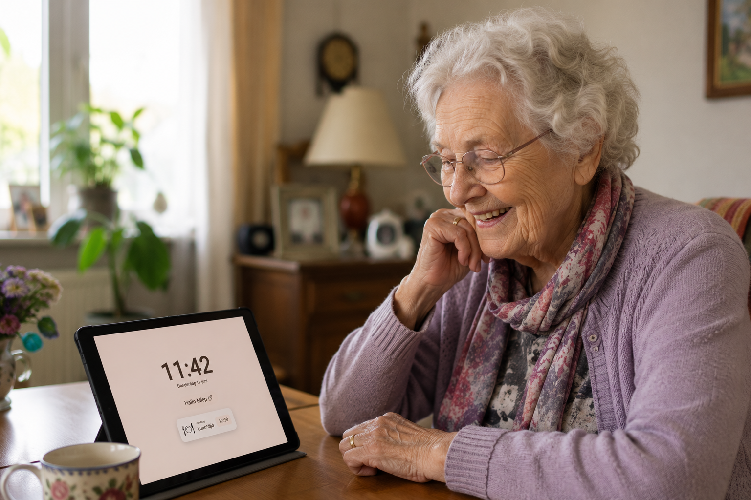 Oudere vrouw glimlacht terwijl ze een bericht op haar apparaat ziet
