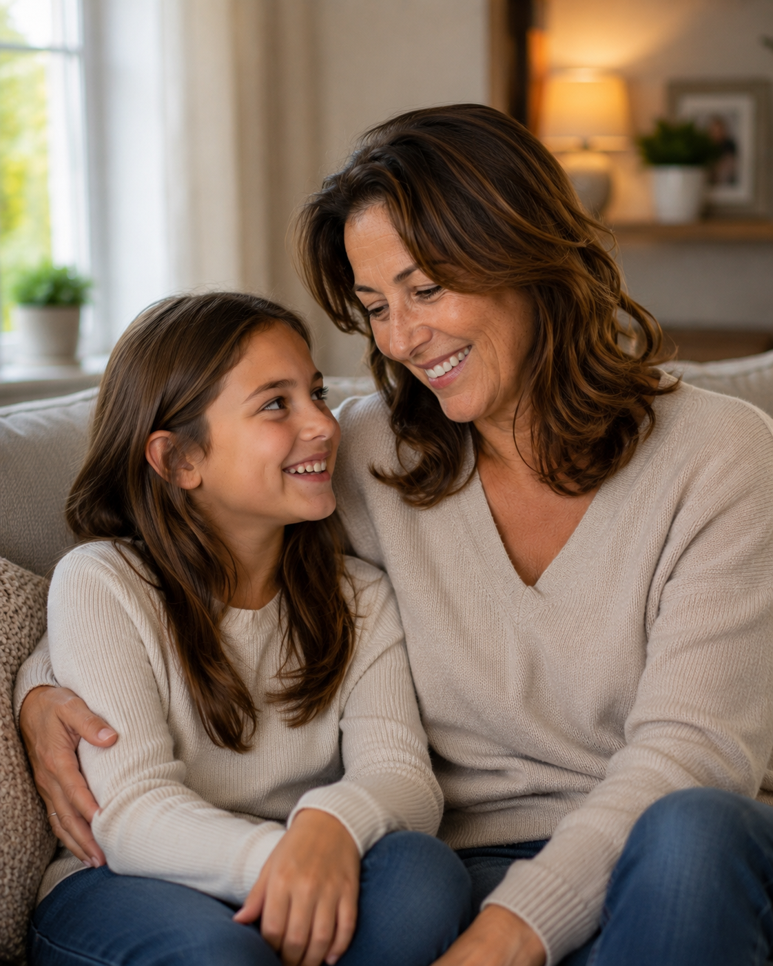 Moeder en dochter samen op de bank, lachend terwijl ze een bericht voor oma maken.