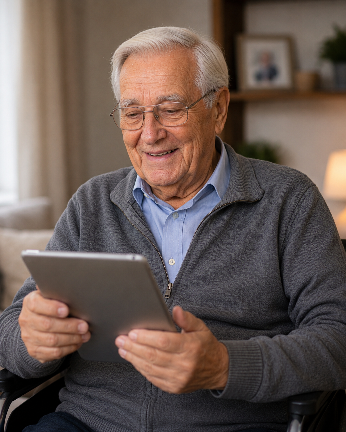 Opa kijkt glimlachend naar nieuwe berichten van zijn familie op het apparaat.